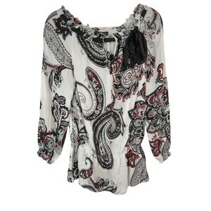 White House Black Market Silk Ruffled Blouse in‎ Black and Gray Paisley